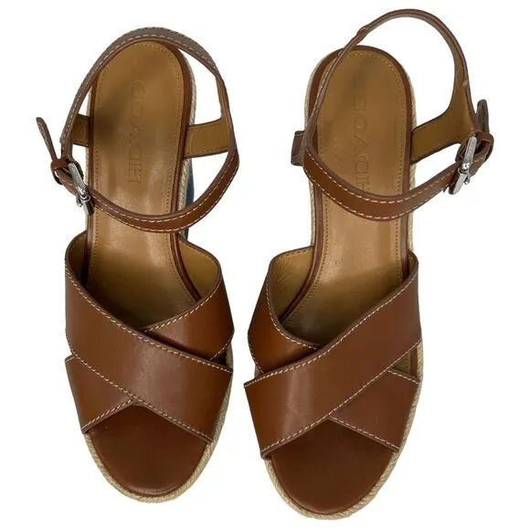 COACH Eaton Sandals Women's Wedges Platform Shoes Heels Size 8.5 Leather Denim