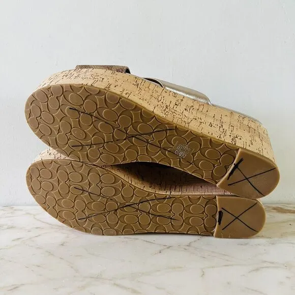COACH Gold Brown Logo Wedge Heel Platform Slide Sandals - US 9.5