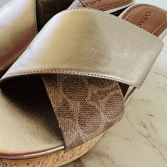 COACH Gold Brown Logo Wedge Heel Platform Slide Sandals - US 9.5