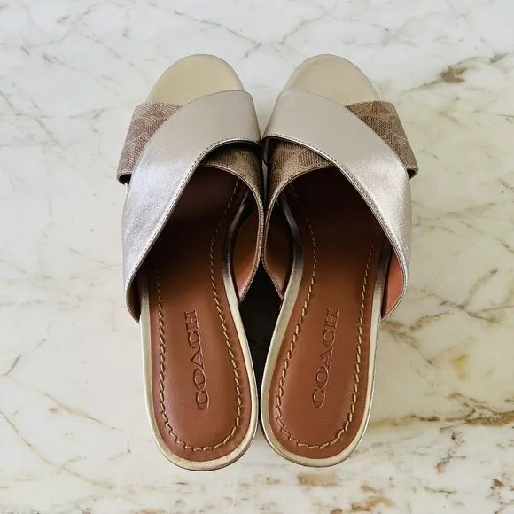 COACH Gold Brown Logo Wedge Heel Platform Slide Sandals - US 9.5