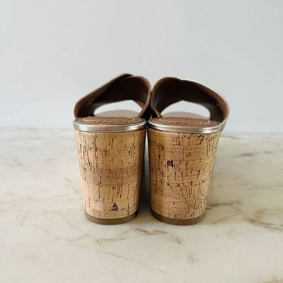 COACH Gold Brown Logo Wedge Heel Platform Slide Sandals - US 9.5