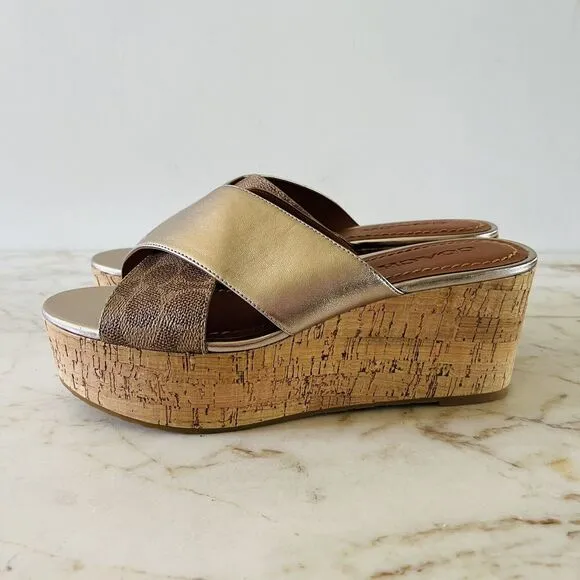 COACH Gold Brown Logo Wedge Heel Platform Slide Sandals - US 9.5