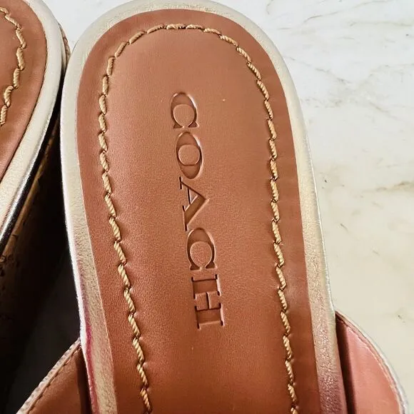 COACH Gold Brown Logo Wedge Heel Platform Slide Sandals - US 9.5