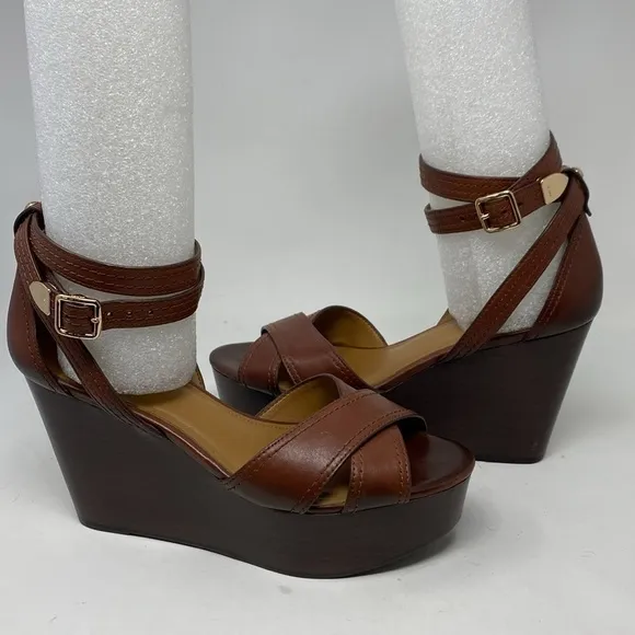 Coach Harrison Wedge Platform Brown Leather Shoes Sandals Size 9.5 EUC