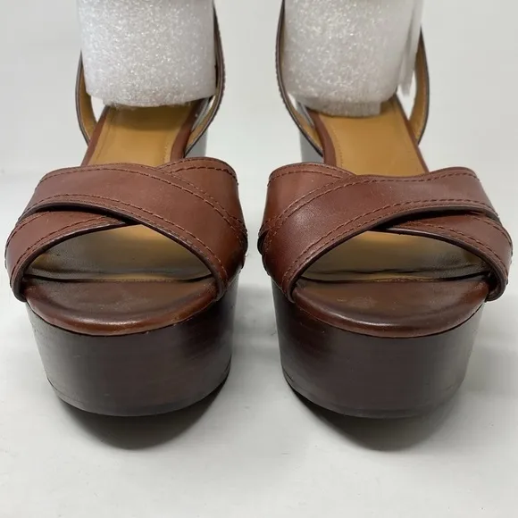 Coach Harrison Wedge Platform Brown Leather Shoes Sandals Size 9.5 EUC