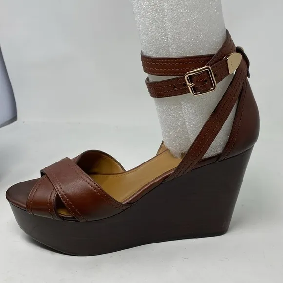 Coach Harrison Wedge Platform Brown Leather Shoes Sandals Size 9.5 EUC