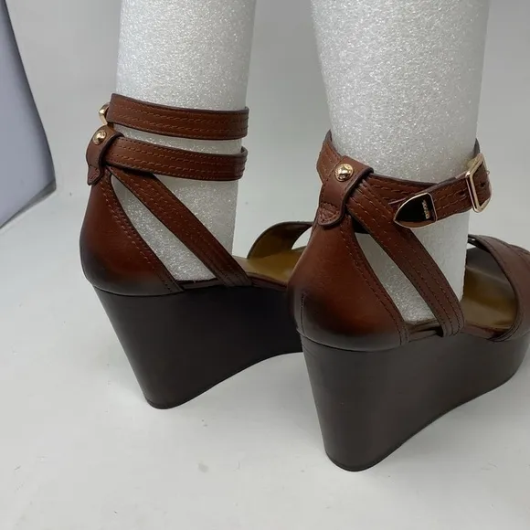 Coach Harrison Wedge Platform Brown Leather Shoes Sandals Size 9.5 EUC
