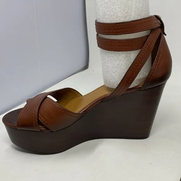 Coach Harrison Wedge Platform Brown Leather Shoes Sandals Size 9.5 EUC