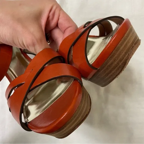 Coach Orange Leather Wood Block Platform Boho Chic Summer Heels 9/39