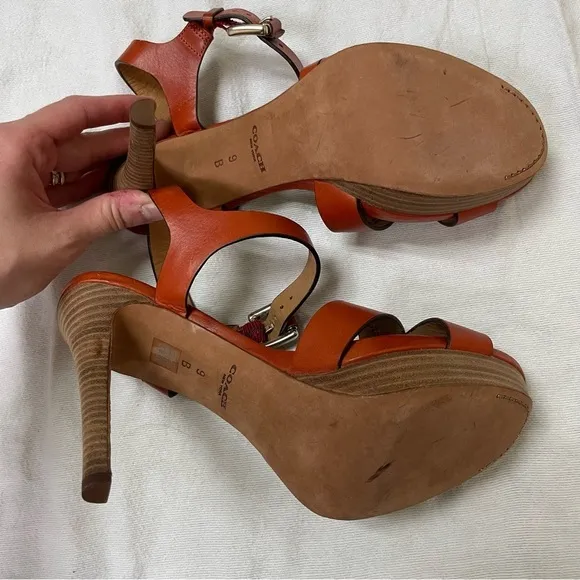Coach Orange Leather Wood Block Platform Boho Chic Summer Heels 9/39