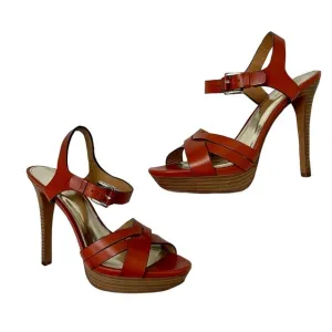 Coach Orange Leather Wood Block Platform Boho Chic Summer Heels 9/39