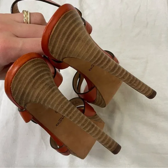 Coach Orange Leather Wood Block Platform Boho Chic Summer Heels 9/39