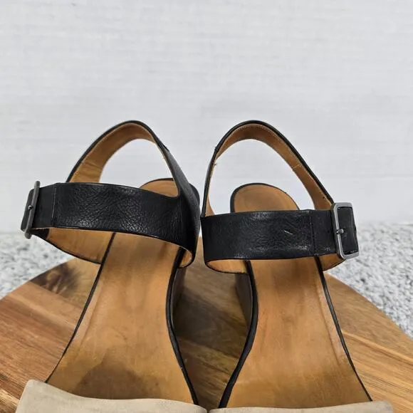 Coclico Wood Wedge Black Taupe Double Ankle Strap Platform Sandals Womens 39 8.5