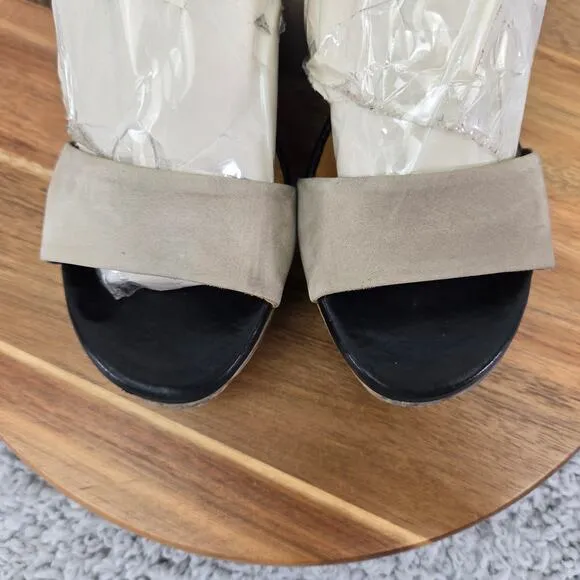Coclico Wood Wedge Black Taupe Double Ankle Strap Platform Sandals Womens 39 8.5