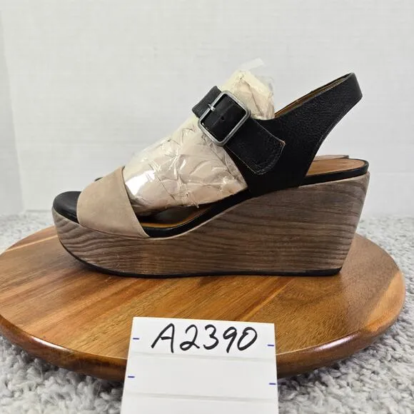 Coclico Wood Wedge Black Taupe Double Ankle Strap Platform Sandals Womens 39 8.5