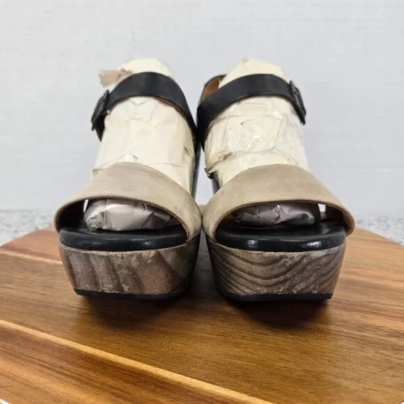 Coclico Wood Wedge Black Taupe Double Ankle Strap Platform Sandals Womens 39 8.5