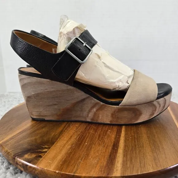 Coclico Wood Wedge Black Taupe Double Ankle Strap Platform Sandals Womens 39 8.5