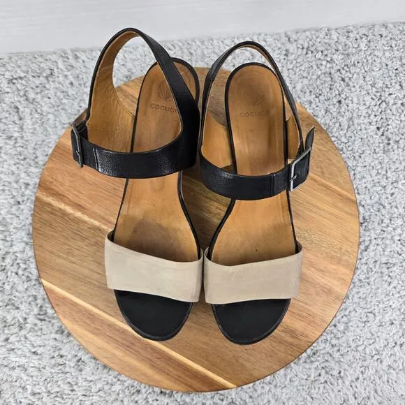 Coclico Wood Wedge Black Taupe Double Ankle Strap Platform Sandals Womens 39 8.5