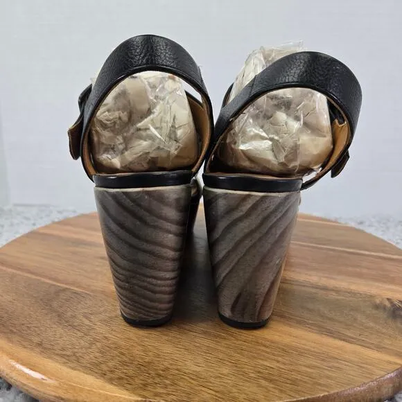 Coclico Wood Wedge Black Taupe Double Ankle Strap Platform Sandals Womens 39 8.5