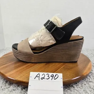 Coclico Wood Wedge Black Taupe Double Ankle Strap Platform Sandals Womens 39 8.5