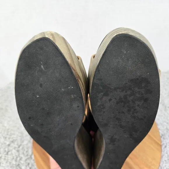 Coclico Wood Wedge Black Taupe Double Ankle Strap Platform Sandals Womens 39 8.5