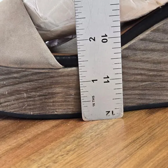 Coclico Wood Wedge Black Taupe Double Ankle Strap Platform Sandals Womens 39 8.5