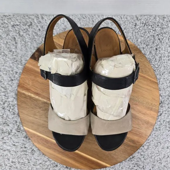 Coclico Wood Wedge Black Taupe Double Ankle Strap Platform Sandals Womens 39 8.5