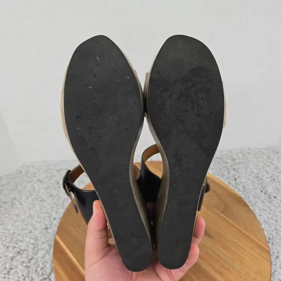 Coclico Wood Wedge Black Taupe Double Ankle Strap Platform Sandals Womens 39 8.5