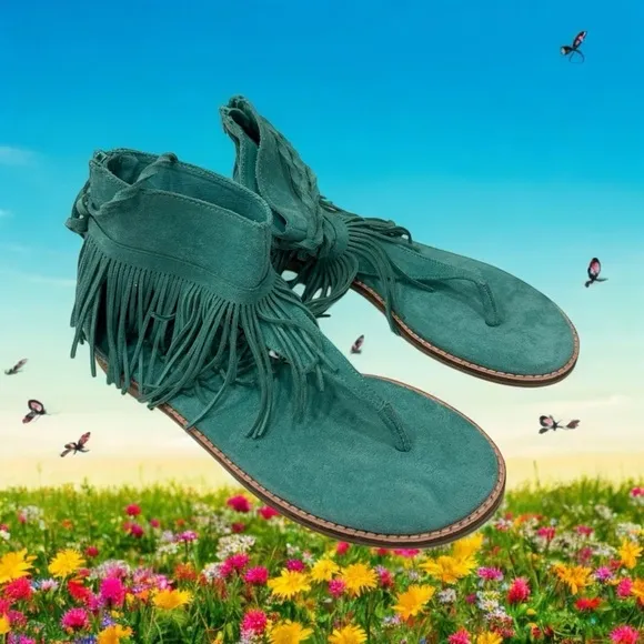 Coconuts by Matisse Juno Suede Fringe Sandals Gladiator Turquoise 8M
