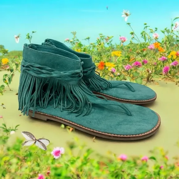 Coconuts by Matisse Juno Suede Fringe Sandals Gladiator Turquoise 8M