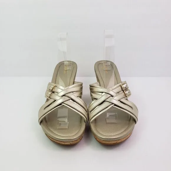 Cole Haan Womens Size 11 Gold Slip On 3 In Cork Wedge Platform Sandals