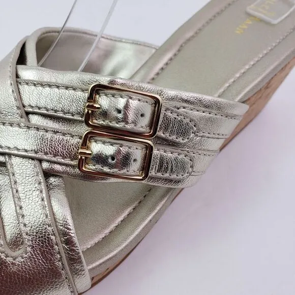 Cole Haan Womens Size 11 Gold Slip On 3 In Cork Wedge Platform Sandals