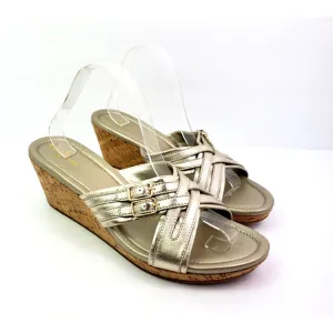 Cole Haan Womens Size 11 Gold Slip On 3 In Cork Wedge Platform Sandals