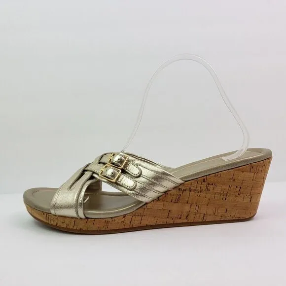 Cole Haan Womens Size 11 Gold Slip On 3 In Cork Wedge Platform Sandals