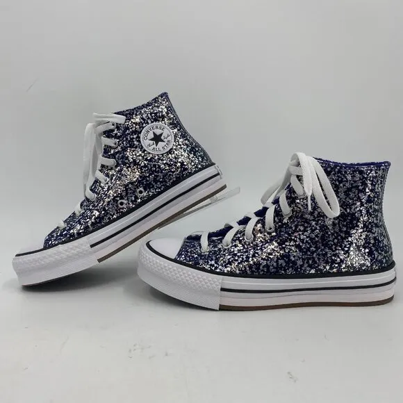 Converse Blue Silver Flecked Glitter Platform Hi Top Sneakers | Girls Size 6