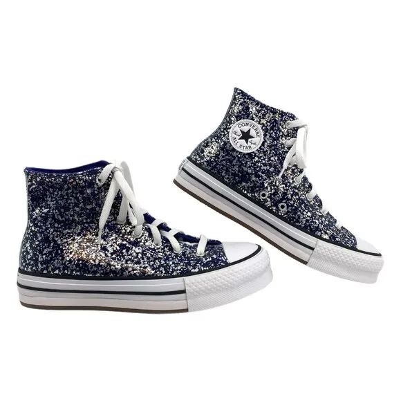 Converse Blue Silver Flecked Glitter Platform Hi Top Sneakers | Girls Size 6