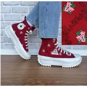 ⭐Converse Run Star Hike Platform 9 Women's Shoes Embroidered Floral Red A14885C