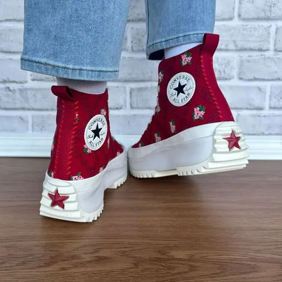 ⭐Converse Run Star Hike Platform 9 Women's Shoes Embroidered Floral Red A14885C