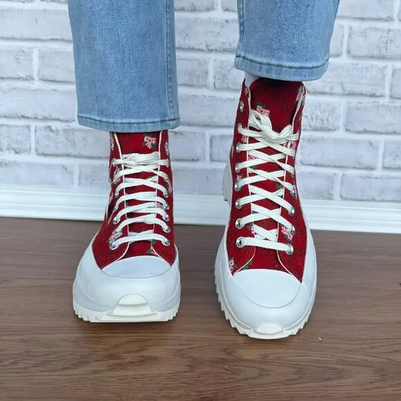 ⭐Converse Run Star Hike Platform 9 Women's Shoes Embroidered Floral Red A14885C