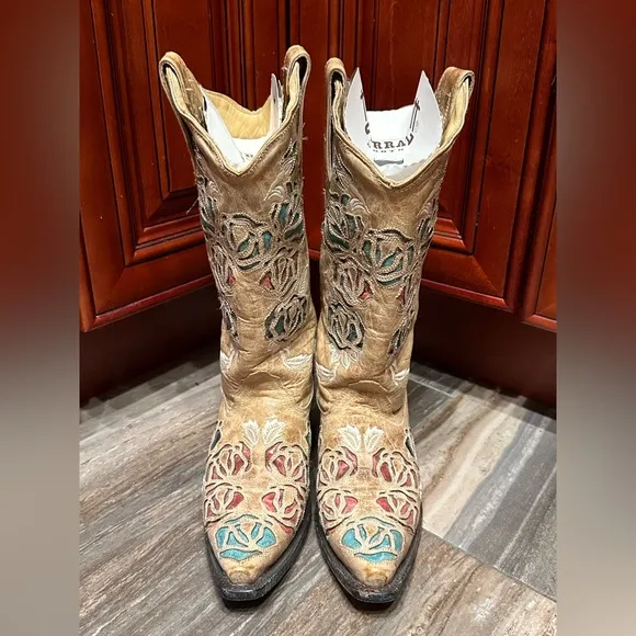 Corral R2491 Red White Blue Roses Embroidery Cowboy Boots Size 7 RARE