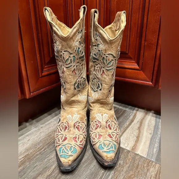 Corral R2491 Red White Blue Roses Embroidery Cowboy Boots Size 7 RARE