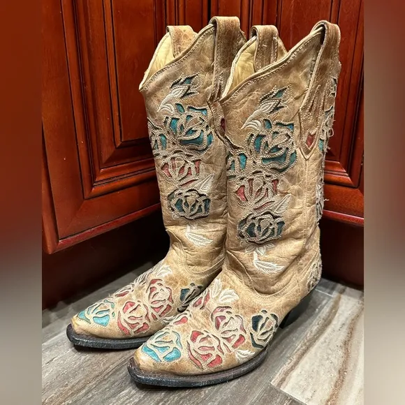 Corral R2491 Red White Blue Roses Embroidery Cowboy Boots Size 7 RARE