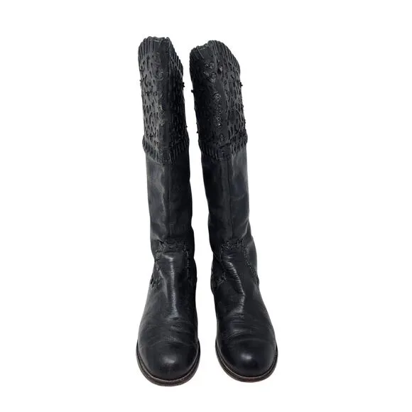 Corral Tooled Black Leather Round Toe Cowgirl Boots Western Zip Up Back Size 8.5