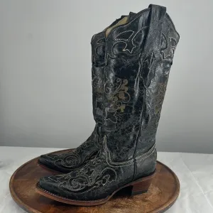 Corral Vintage Boots Wm 6 M Black Lizard Crinkled Western Cowboy Cowgirl