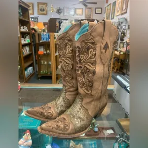 Corral Vintage Women’s Brown Tooled Leather Cowboy Boots Python insert - 10M