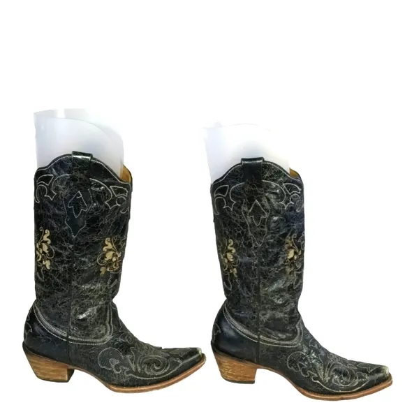 Corral Western Genuine Black Leather  Overlay X Toe C1198 Boots Size 8.5
