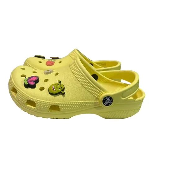 Crocs Unisex Classic Yellow Clogs with 6‎ Fun Jibbitz/Charms - Size US M 5/W 7