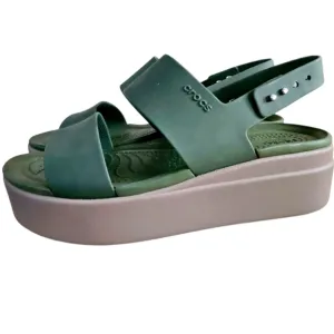 CROCS Women's Brooklyn Low Wedge's Army Green /Mushroom sandals size 7.