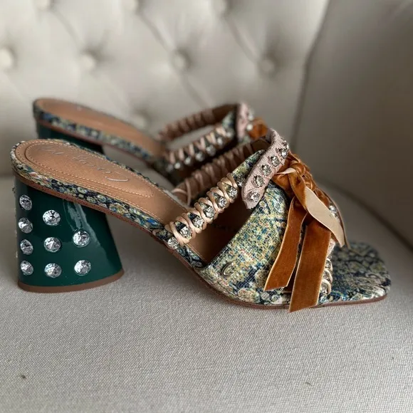 Crystal-Embellished Green and Tan Women's Shoes unique slides boho