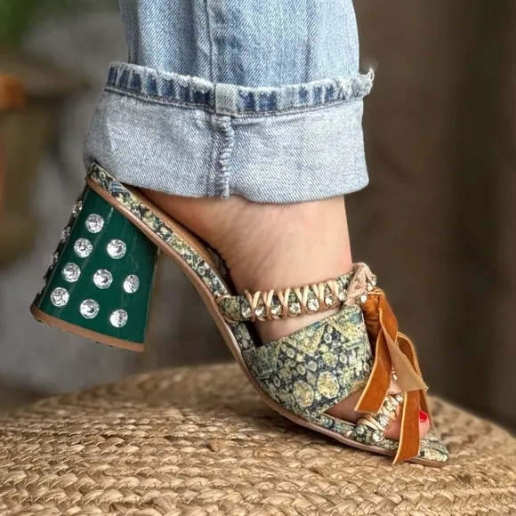 Crystal-Embellished Green and Tan Women's Shoes unique slides boho